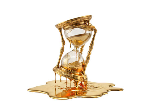 Surreal golden melting hourglass dripping gold liquid onto a shiny puddle, conceptual illustration of lost time and precious moments.