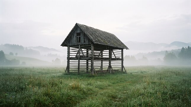A traditional wooden hayrack, known as a kozolec, stands alone in a serene, misty green meadow during a quiet, atmospheric morning in the rural Slovenian countryside.
