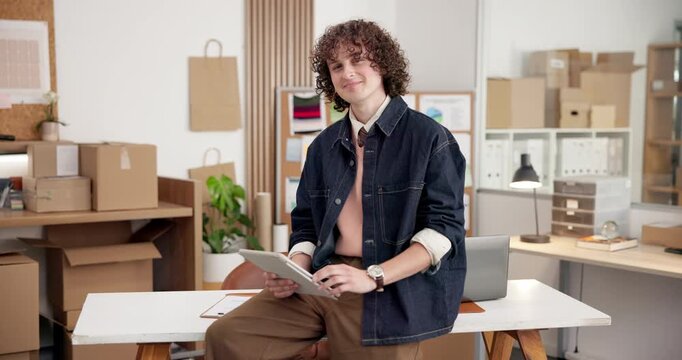 Man, tablet and face in startup for logistics, stock control or inventory update on website. Entrepreneur, tech or connectivity in small business for contact us with smile for social media engagement