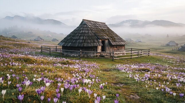 Rustic wooden cottage with thatched roof nestled in a meadow of purple and white crocuses, surrounded by a wooden fence, with misty mountains in the background during early morning light.