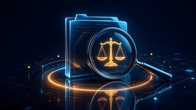 Legal audit and compliance analysis concept with digital folder and scales of justice magnifying glass