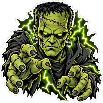 Menacing Frankenstein monster with stitched scars and glowing bolts
