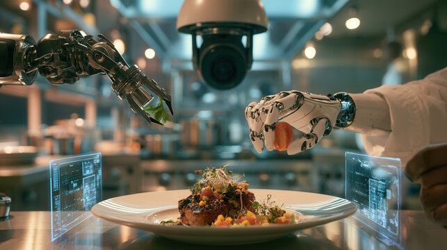 Robotic hands preparing gourmet steak plate in futuristic smart kitchen.