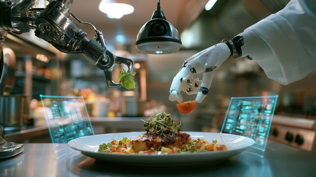 Automated robot arms preparing meal with holographic data display setup.
