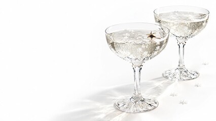 Obraz premium Two crystal champagne coupe glasses filled with sparkling wine on white
