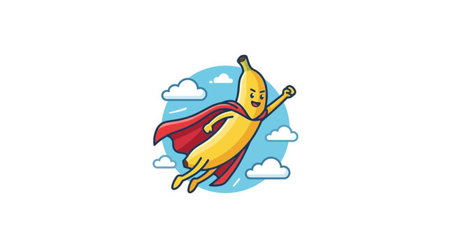 Super banana character wearing a red cape flying through the sky