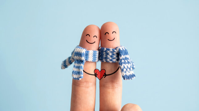 Two Happy Finger Characters in Winter Scarves Holding Red Heart