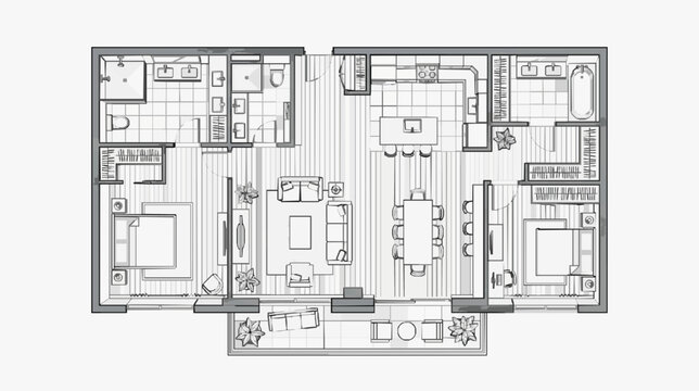 Elegant floor plan of contemporary duplex apartment interior layout with furnished rooms