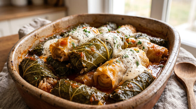 Hyper Realistic 9K Tight Macro Close Up Moldovan Sarmale Stuffed Cabbage Rolls Food Photography