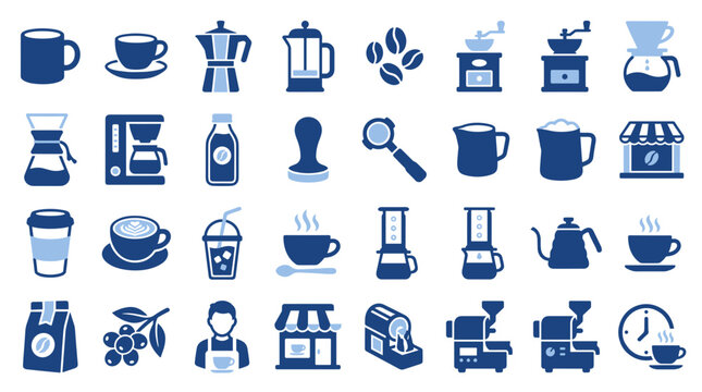 Set of coffee and barista equipment icons in blue flat style isolated on a plain background