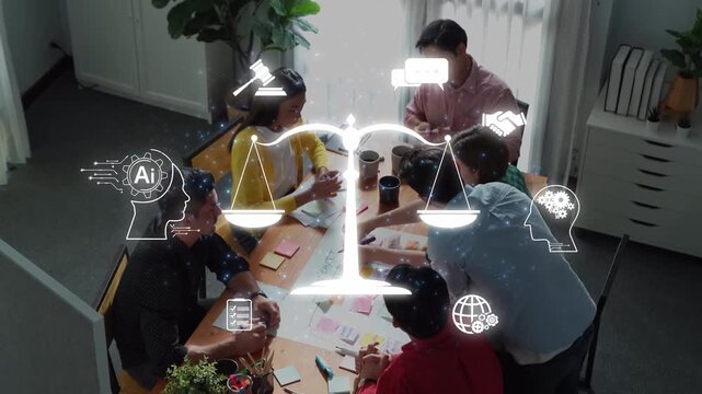 A dynamic team discusses legal and ethical implications of artificial intelligence in a modern workspace, bringing creativity and diverse perspectives to the forefront. Raster