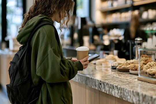 Young woman drinking coffee and using smartphone