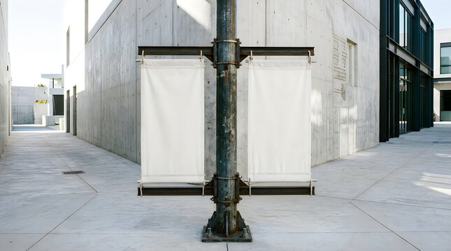 Two vertical hanging street banners on metal pole outdoors