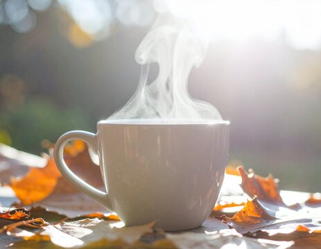 Steaming Hot Drink with Autumn Leaves in Golden Sunlight