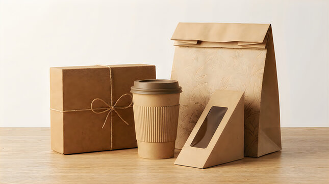 Kraft paper food packaging set with takeaway coffee cup