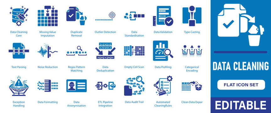 Data cleaning icon set, 21 solid black glyph icons with data validation, deduplication, outlier detection, etl pipeline, imputation and data quality symbols
