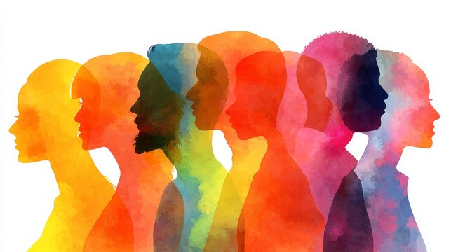Diverse group of multicultural and multiethnic people silhouettes representing inclusion, equality, unity, community, cultural diversity, social connection, and global human togetherness