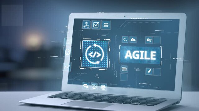 Dynamic laptop screen showcases agile software principles with bright icons, ideal for technology projects and digital innovation themes in business environments. Salient