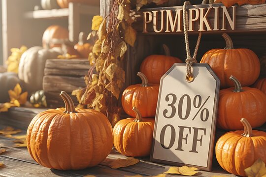 Autumn pumpkin sale display with a thirty percent off discount tag featuring ripe orange pumpkins on a rustic wooden background