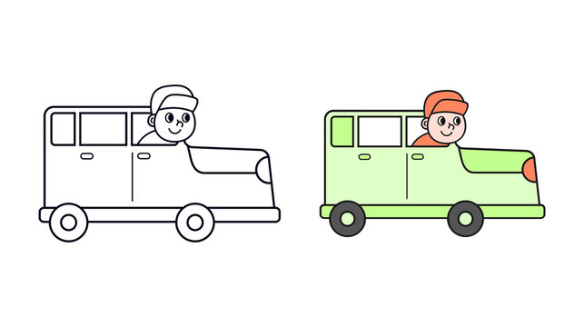 Cute driver in green pickup truck vehicle vector illustration set in line art and color style