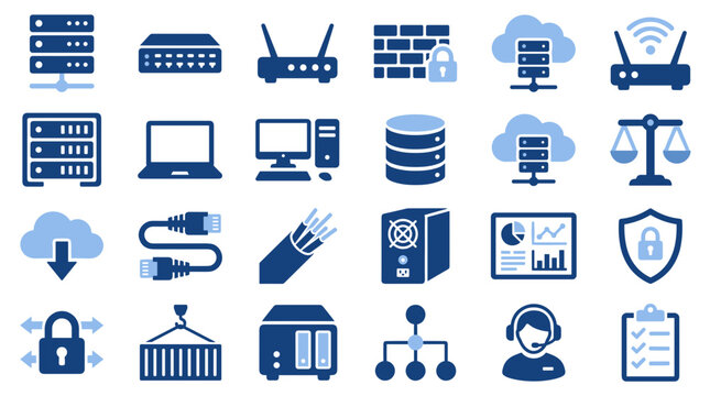 Set of blue network and information technology icons isolated on white background