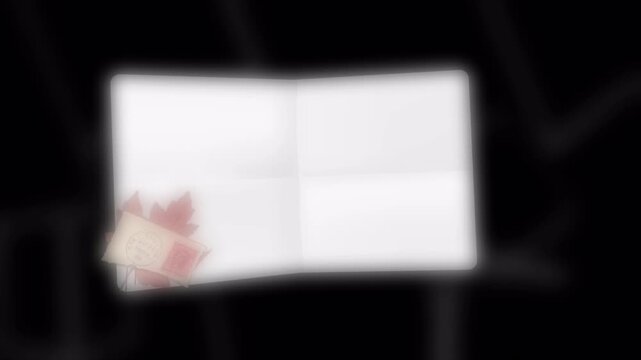 Blank greeting card mockup with Canadian maple leaf and vintage postal stamp decoration.