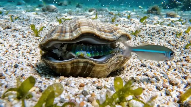 Close-up Underwater Shot of an Open Giant Clam Resting on Sandy Seabed with Sea Grass