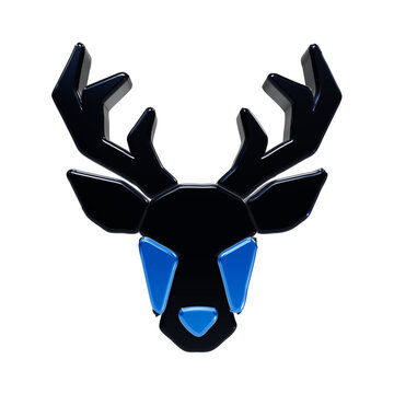 A3d rendered geometric deer head silhouette, featuring a smooth black finish for the antlers and face with vibrant blue accents on the cheeks and nose, isolated on a white background for