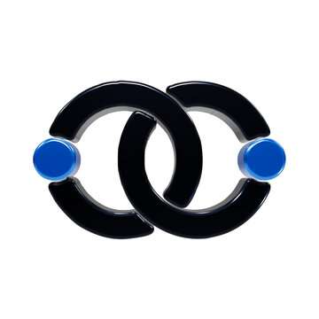 A3d rendered infinity or link featuring two interlocking glossy black curved segments connected by two bright blue circular spheres, isolated on a black background, for branding purposes