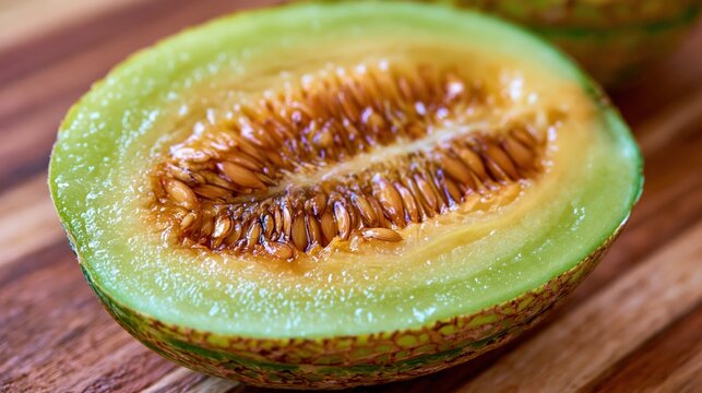 Juicy melon sliced in half reveals abundant seeds and sweet flesh.