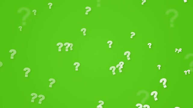 Floating white question marks on vivid green background
