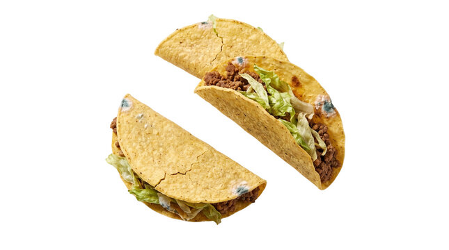 Moldy beef tacos with blue fungus growth, spoiled Mexican food on white background, rotten corn tortillas with ground meat and lettuce