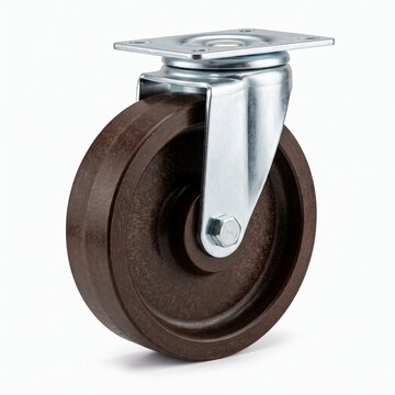 A heavy-duty caster wheel with a brown polymer wheel and a silver metal bracket. 