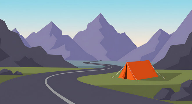 An orange tent set up beside a winding road in a mountainous landscape at dawn.