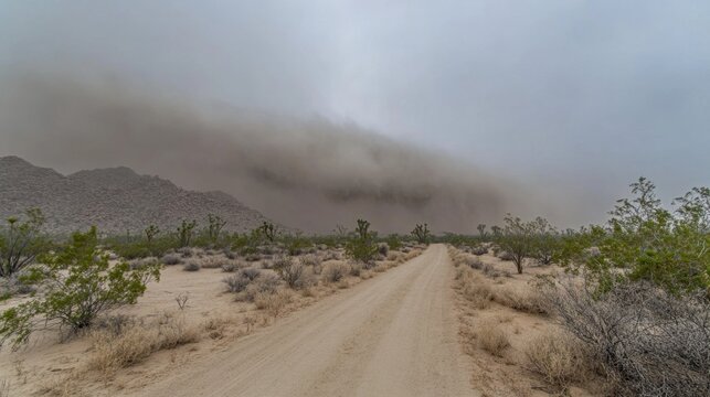 Swirling Sandstorm Dust Cloud Obscuring Desert Road