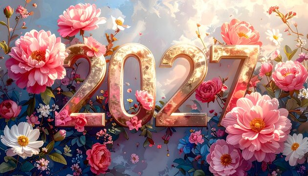 N&uacute;mero 2027 dorado rodeado de flores rosas y blancas en una composici&oacute;n floral elegante para A&ntilde;o Nuevo