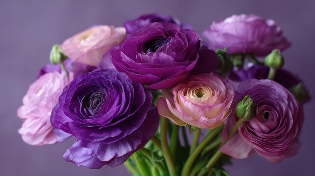 Ranunculus bouquet, spring, photo, women's day, mother's day, date, flowers, march 8, purple, pink