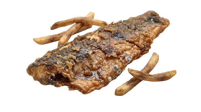 Crispy battered fish fillet with golden french fries, deep fried seafood platter on white background, traditional fish and chips pub meal