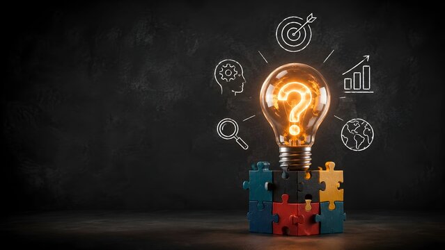 Glowing lightbulb on colorful puzzle pieces surrounded by business strategy icons representing global market research and creative problem solving