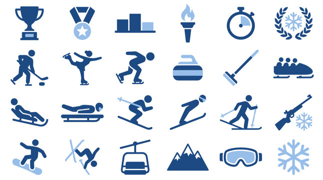 Set of winter sports icons featuring skiing snowboarding ice hockey and bobsled on a transparent background