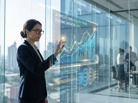 AI Market Predictor &mdash; professional touching a holographic market chart while AI analyzes trends and predicts future market movements