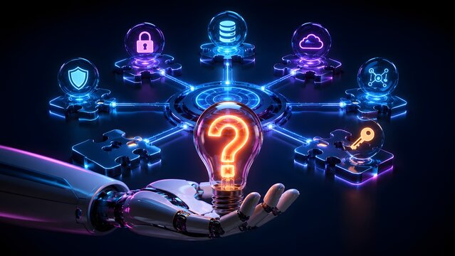 Robotic hand holding a glowing lightbulb with a question mark connected to digital technology icons representing centralized artificial intelligence solutions and network integration