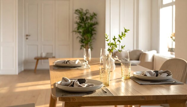 Mesa de comedor de madera preparada con vajilla, copas y peque&ntilde;os jarrones con ramas verdes en un interior luminoso
