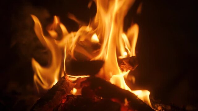 Burning firewood and coals traditional clay stove, bright red flames and glowing embers at outdoor, keep warm, long tongues of flame of burning fire in rural Setting