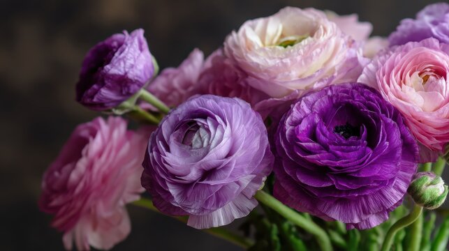 Ranunculus bouquet, spring, photo, women's day, mother's day, date, flowers, march 8, purple, pink