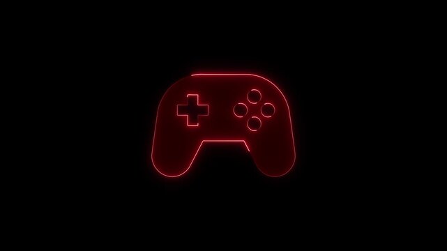 Red neon gaming controller icon glowing on black background with flickering animation effect for esports and arcade.