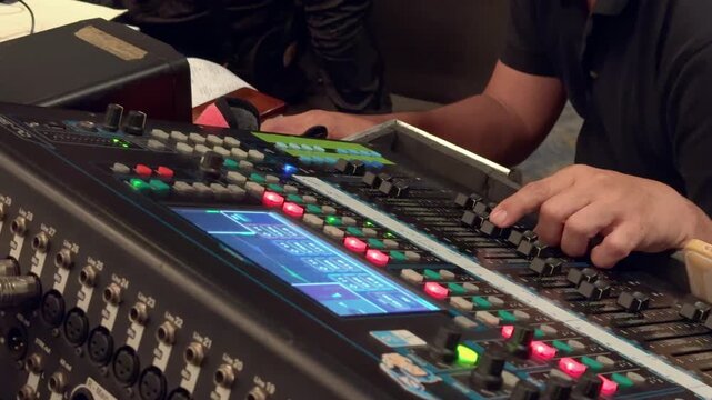 Close up of a sound engineer adjusting faders on a digital audio mixing console with illuminated buttons blue displays and connected cables