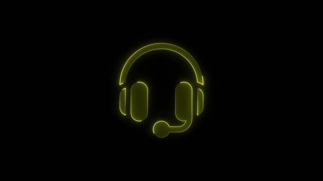 Glowing yellow headset icon shining against a dark background symbolizing support communication and modern technology.