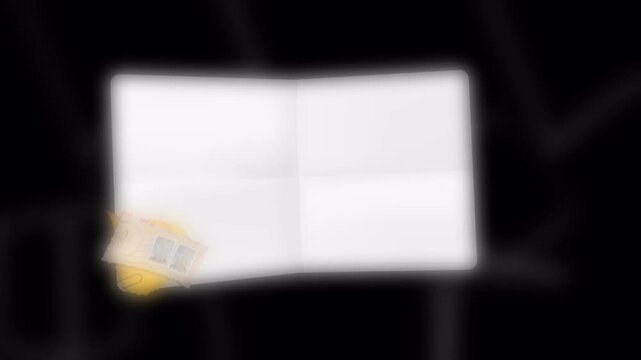 Open blank white booklet or pamphlet with decorative golden corner element.