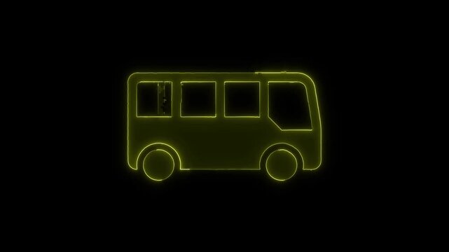 Glowing neon bus icon flickering on black background, conceptual loop representing urban public transportation systems.